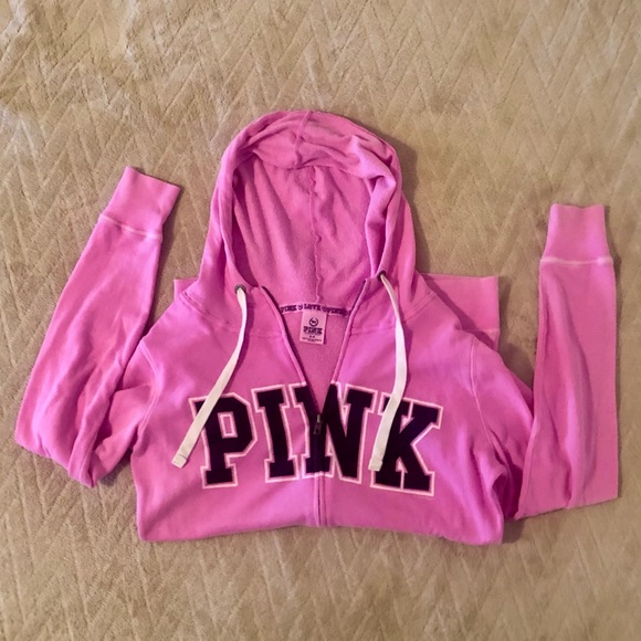 PINK Victoria’s Secret pink zip up hoodie with black lettering in Small - Picture 4 of 7